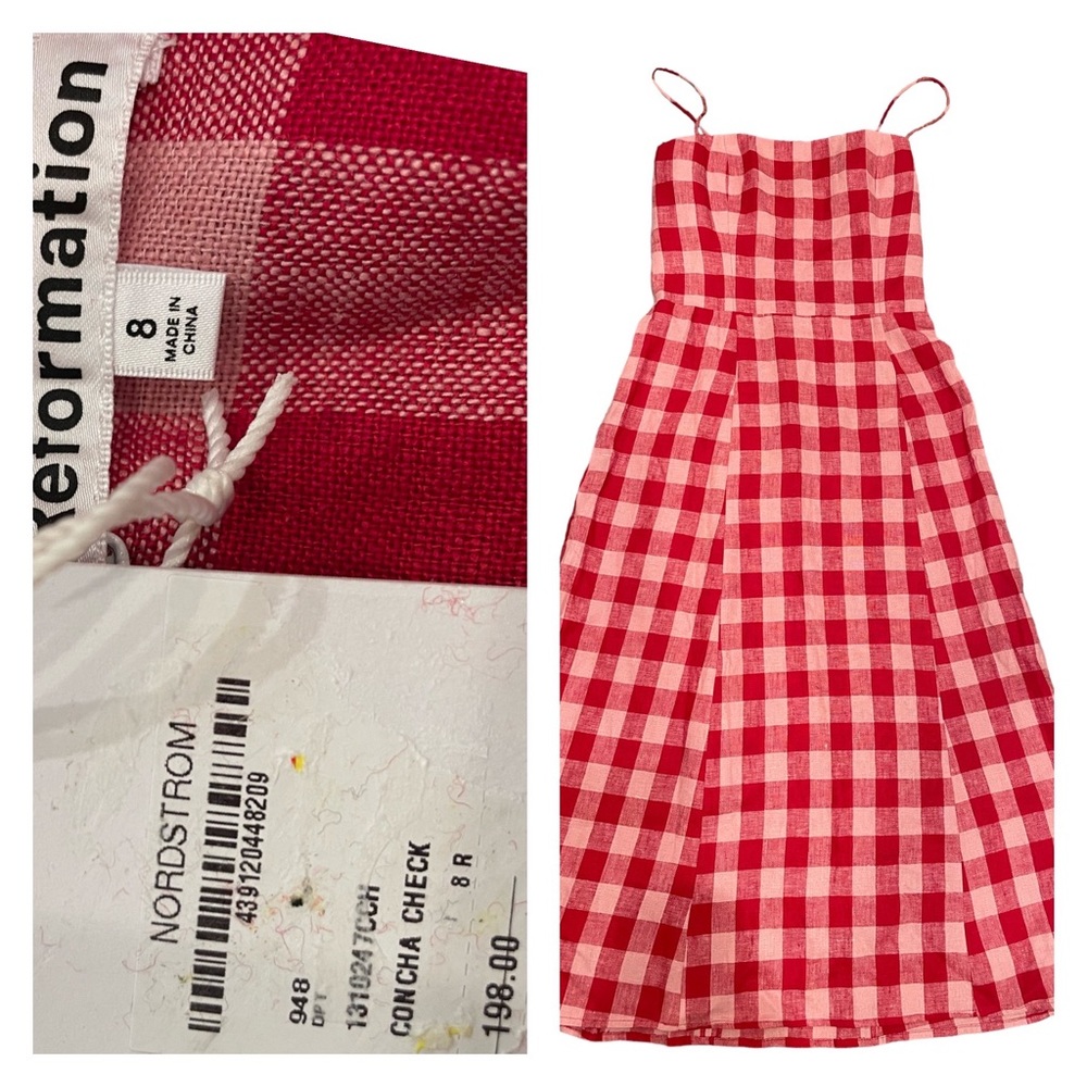 NWT Reformation Christen Linen Midi Dress Red Buffalo Plaid Women’s Size 8